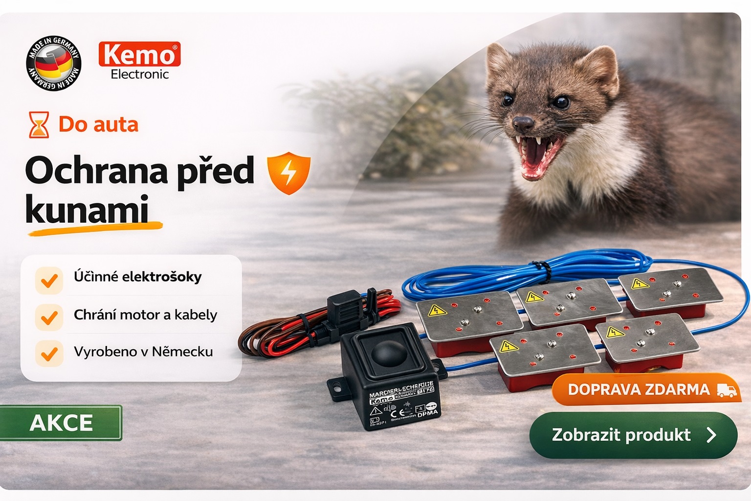 Kemo M176 ultrazvukový plašič kun do auta s elektrošoky